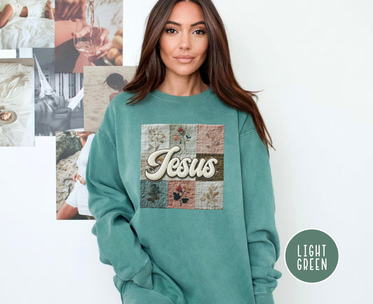Jesus Faux Patchwork Comfort Colors Sweatshirt, Christian Comfort Colors Faux Patchwork Sweatshirt