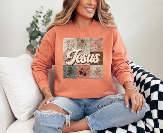 Jesus Faux Patchwork Comfort Colors Sweatshirt, Christian Comfort Colors Faux Patchwork Sweatshirt