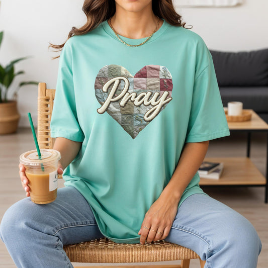 Pray Comfort Colors T-Shirt, Faux Patchwork shirt, Christian Graphic Tee, Faith Based Shirt, Prayer Heart Design