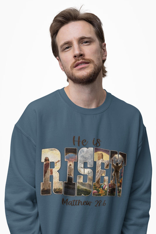 He Is Risen Christian Sweatshirt | Matthew 28:6 Faith Crewneck | Resurrection of Jesus Graphic Clothing | Easter Christian Apparel