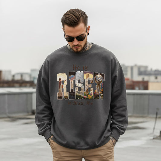 He Is Risen Christian Sweatshirt | Matthew 28:6 Faith Crewneck | Resurrection of Jesus Graphic Clothing | Easter Christian Apparel