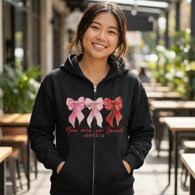 Christian Zip Hoodie | John 3:16 Sweatshirt | Christian Bow Hoodie | Womens Christian Clothing