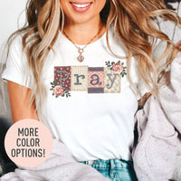 Pray Patchwork Floral T-shirt | Womens Christian Faith Tee | Cottagecore Pray Quilt Patchwork Top | Trendy Christian Apparel