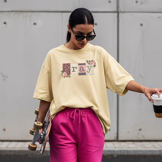 Pray Patchwork Floral T-shirt | Womens Christian Faith Tee | Cottagecore Pray Quilt Patchwork Top | Trendy Christian Apparel