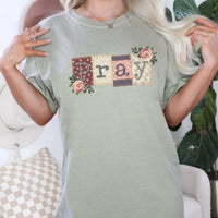 Pray Patchwork Floral T-shirt | Womens Christian Faith Tee | Cottagecore Pray Quilt Patchwork Top | Trendy Christian Apparel