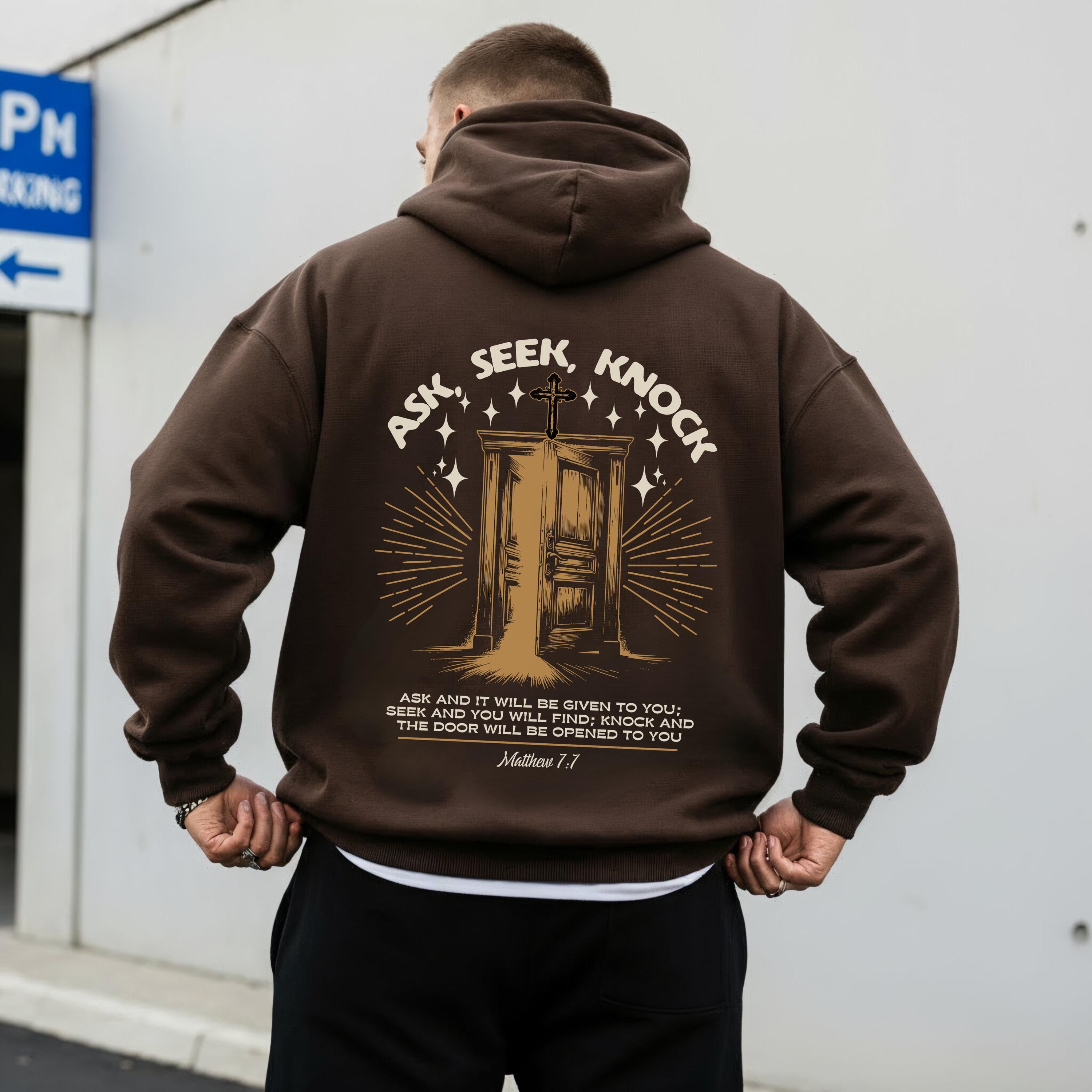 Ask Seek Knock Mens Christian Hoodie, Christian Scripture Apparel, Christian Gym Hoodie, Religious Fitness Hoodie