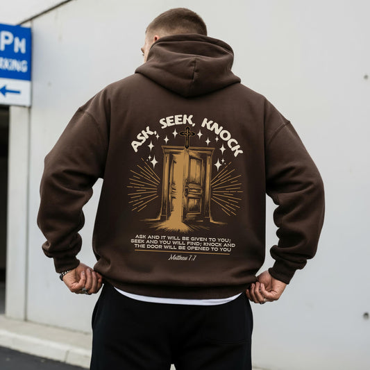 Ask Seek Knock Mens Christian Hoodie, Christian Scripture Apparel, Christian Gym Hoodie, Religious Fitness Hoodie