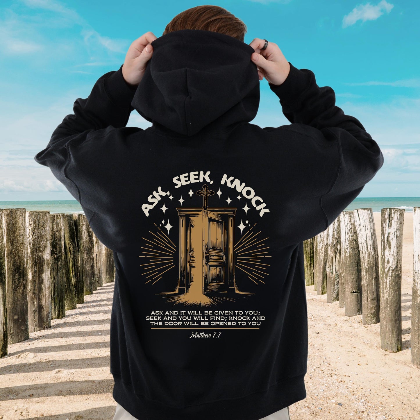 Ask Seek Knock Mens Christian Hoodie, Christian Scripture Apparel, Christian Gym Hoodie, Religious Fitness Hoodie
