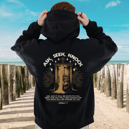 Ask Seek Knock Mens Christian Hoodie, Christian Scripture Apparel, Christian Gym Hoodie, Religious Fitness Hoodie