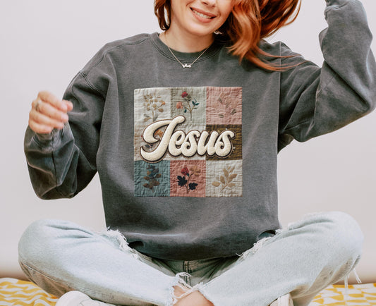 Jesus Faux Patchwork Comfort Colors Sweatshirt, Christian Comfort Colors Faux Patchwork Sweatshirt