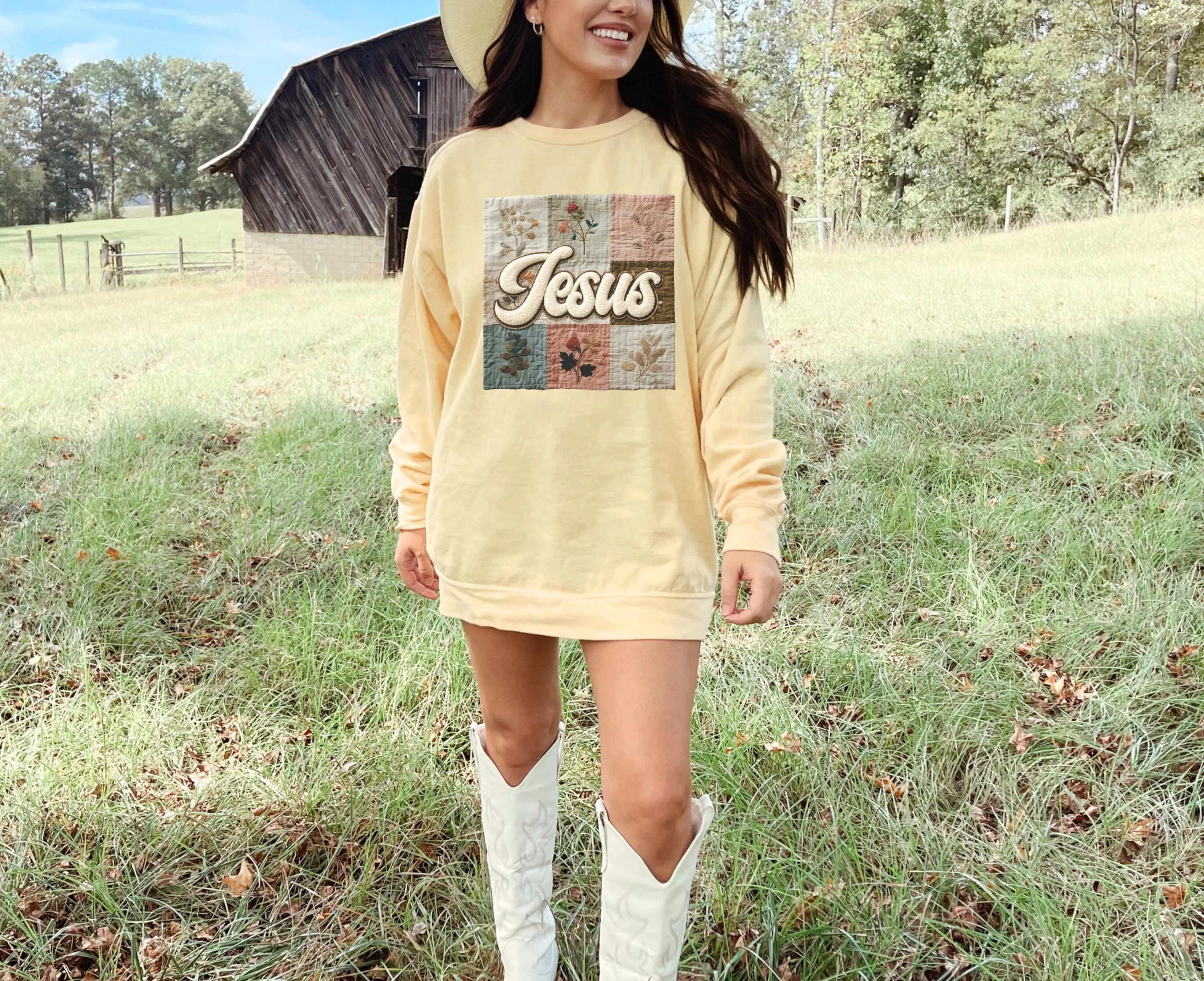 Jesus Faux Patchwork Comfort Colors Sweatshirt, Christian Comfort Colors Faux Patchwork Sweatshirt