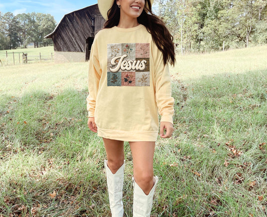 Jesus Faux Patchwork Comfort Colors Sweatshirt, Christian Comfort Colors Faux Patchwork Sweatshirt