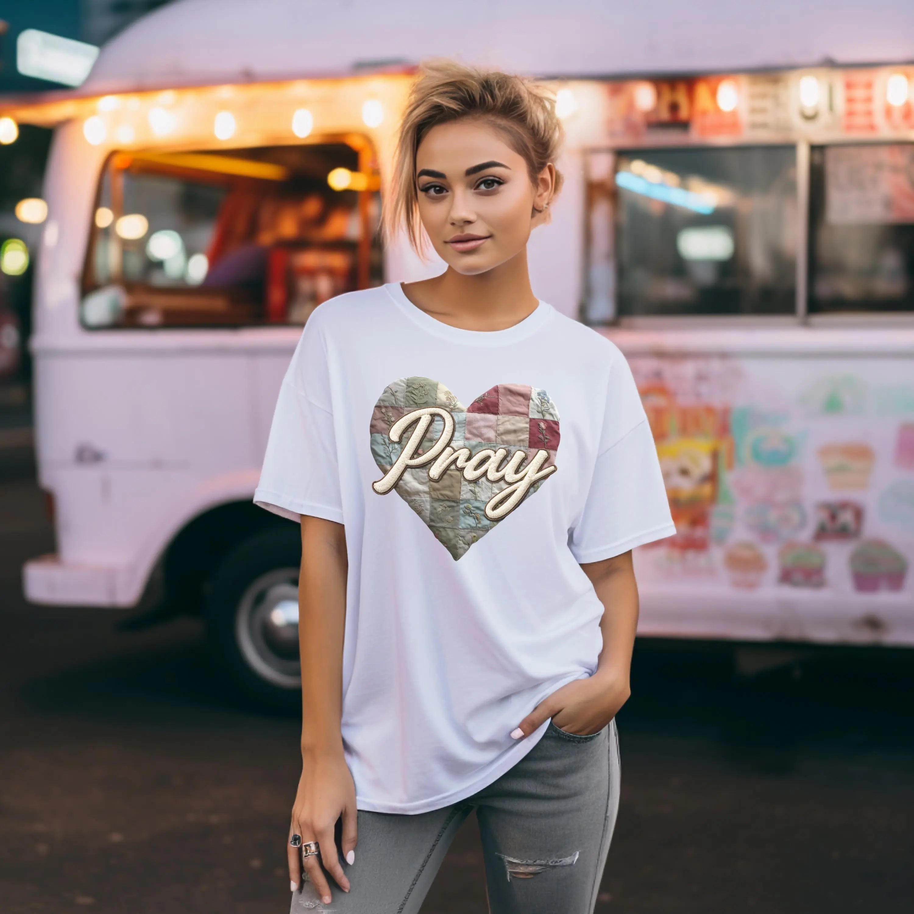 Pray Comfort Colors T-Shirt, Faux Patchwork shirt, Christian Graphic Tee, Faith Based Shirt, Prayer Heart Design