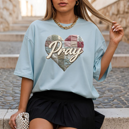 Pray Comfort Colors T-Shirt, Faux Patchwork shirt, Christian Graphic Tee, Faith Based Shirt, Prayer Heart Design