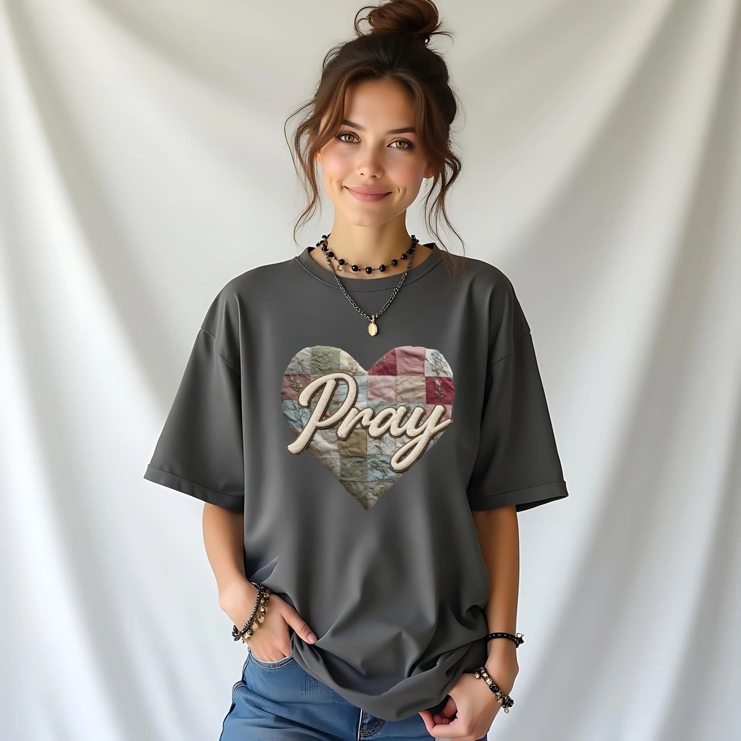 Pray Comfort Colors T-Shirt, Faux Patchwork shirt, Christian Graphic Tee, Faith Based Shirt, Prayer Heart Design