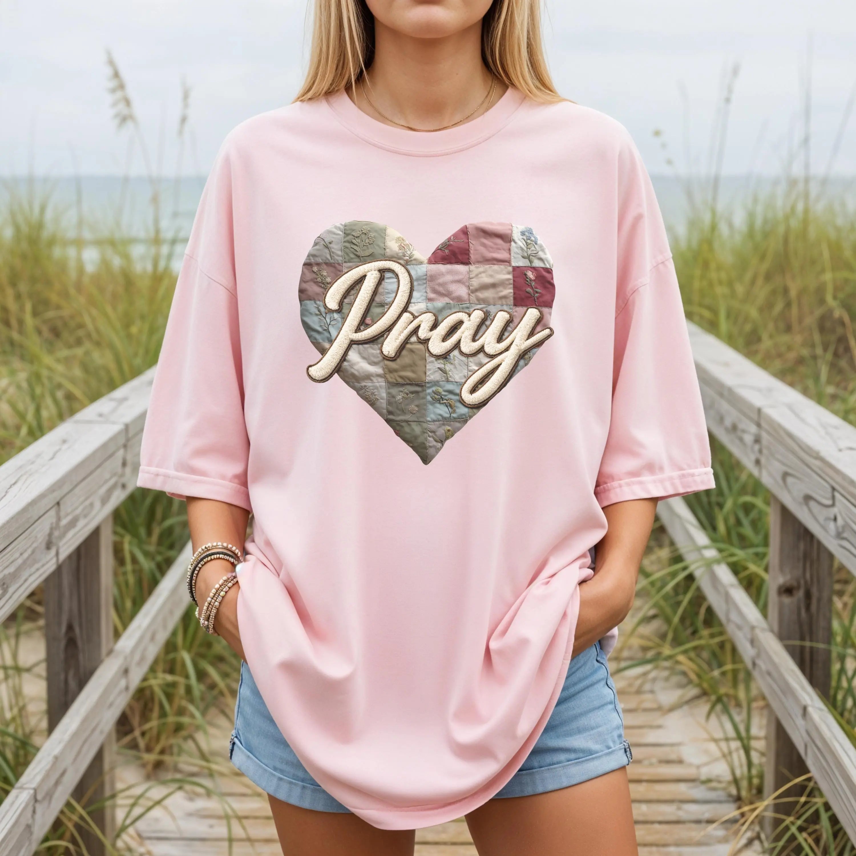Pray Comfort Colors T-Shirt, Faux Patchwork shirt, Christian Graphic Tee, Faith Based Shirt, Prayer Heart Design