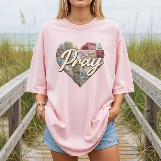 Pray Comfort Colors T-Shirt, Faux Patchwork shirt, Christian Graphic Tee, Faith Based Shirt, Prayer Heart Design