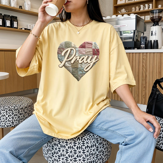 Pray Comfort Colors T-Shirt, Faux Patchwork shirt, Christian Graphic Tee, Faith Based Shirt, Prayer Heart Design