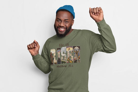 He Is Risen Christian Sweatshirt | Matthew 28:6 Faith Crewneck | Resurrection of Jesus Graphic Clothing | Easter Christian Apparel