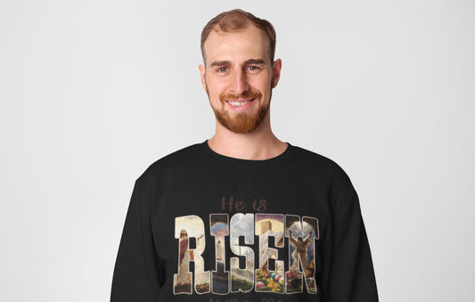 He Is Risen Christian Sweatshirt | Matthew 28:6 Faith Crewneck | Resurrection of Jesus Graphic Clothing | Easter Christian Apparel
