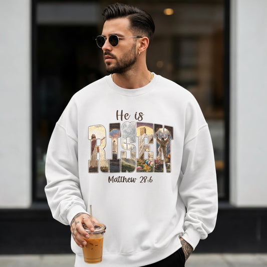 He Is Risen Christian Sweatshirt | Matthew 28:6 Faith Crewneck | Resurrection of Jesus Graphic Clothing | Easter Christian Apparel