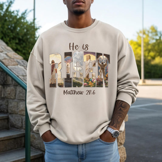 He Is Risen Christian Sweatshirt | Matthew 28:6 Faith Crewneck | Resurrection of Jesus Graphic Clothing | Easter Christian Apparel