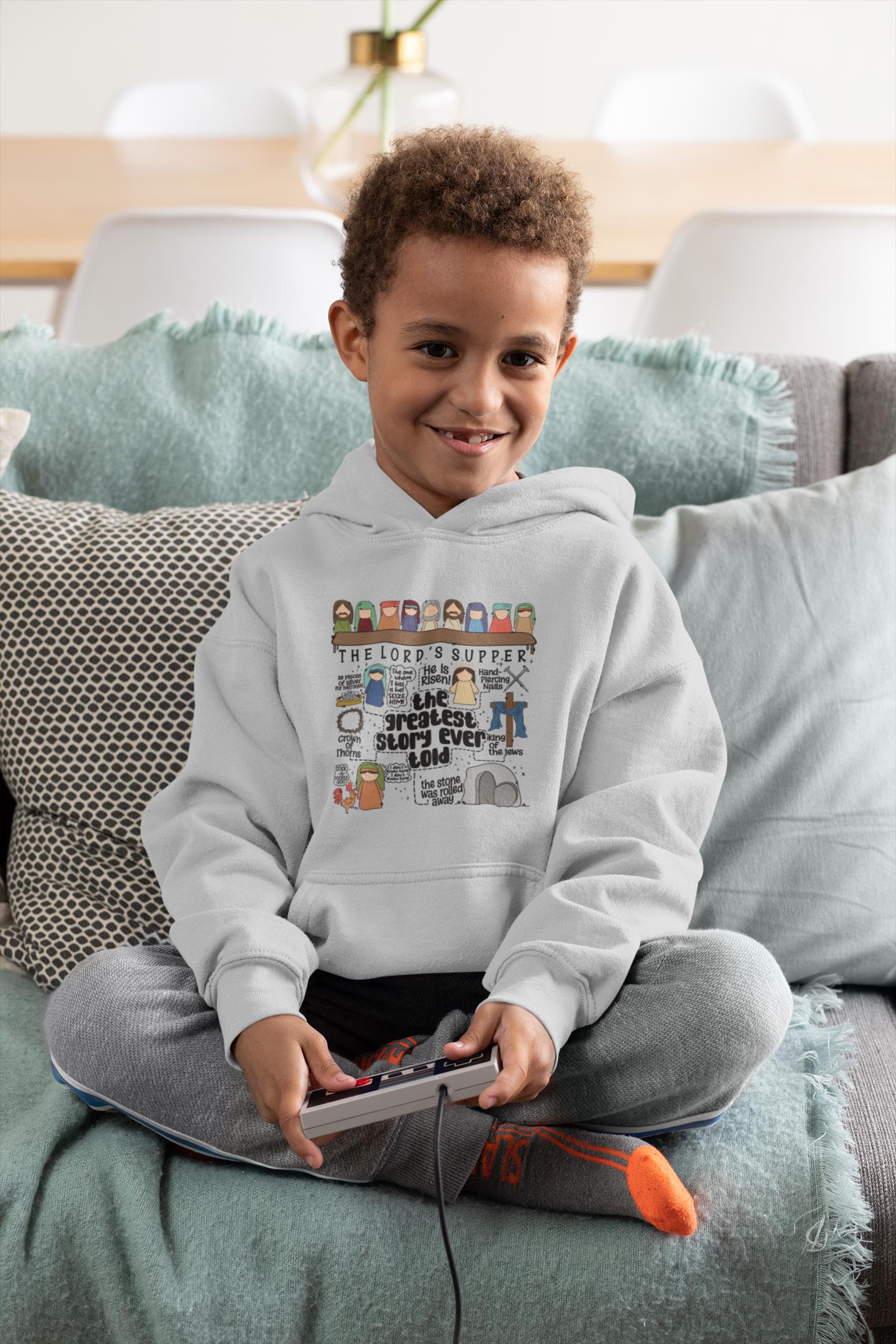 Youth Christian Hoodie – The Greatest Story Ever Told – Kids Bible Story Sweatshirt – Church Youth Hoodie - Christian Gift for Boys & Girls
