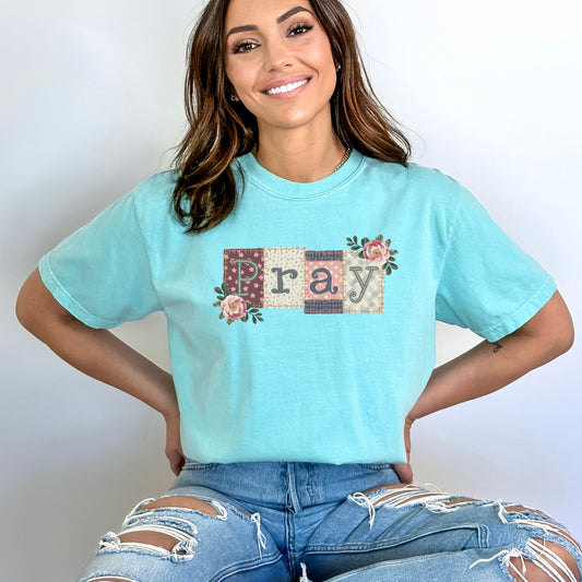 Pray Patchwork Floral T-shirt | Womens Christian Faith Tee | Cottagecore Pray Quilt Patchwork Top | Trendy Christian Apparel