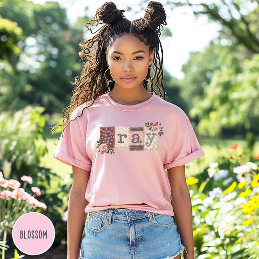 Pray Patchwork Floral T-shirt | Womens Christian Faith Tee | Cottagecore Pray Quilt Patchwork Top | Trendy Christian Apparel