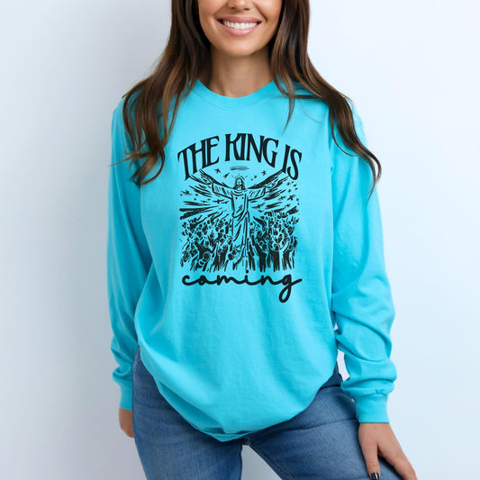 Christian Long Sleeve Shirt | The King Is Coming Bible Verse Crewneck | Faith Long Sleeve Shirt | Easter Shirt | He is Risen Crewneck