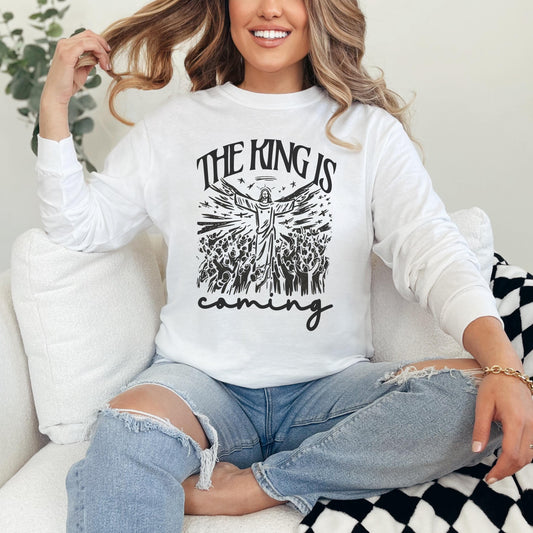 Christian Long Sleeve Shirt | The King Is Coming Bible Verse Crewneck | Faith Long Sleeve Shirt | Easter Shirt | He is Risen Crewneck