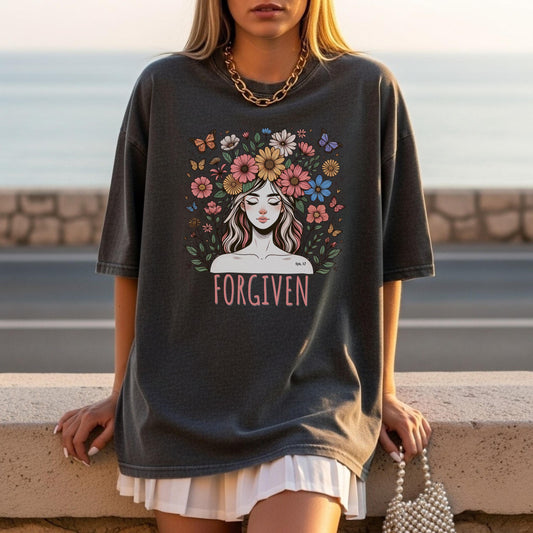 Forgiven Christian Shirt, Floral Faith Tee, Christian T Shirt Women, Bible Verse Shirt, Religious Gift, Comfort Colors 1717 Tee