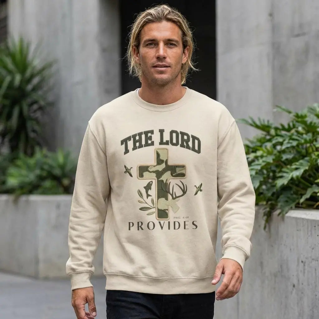 The Lord Provides Faux Patchwork Sweatshirt - Trendy Christian Sweatshirt - Mens Christian Apparel - Gift for Christian Husband