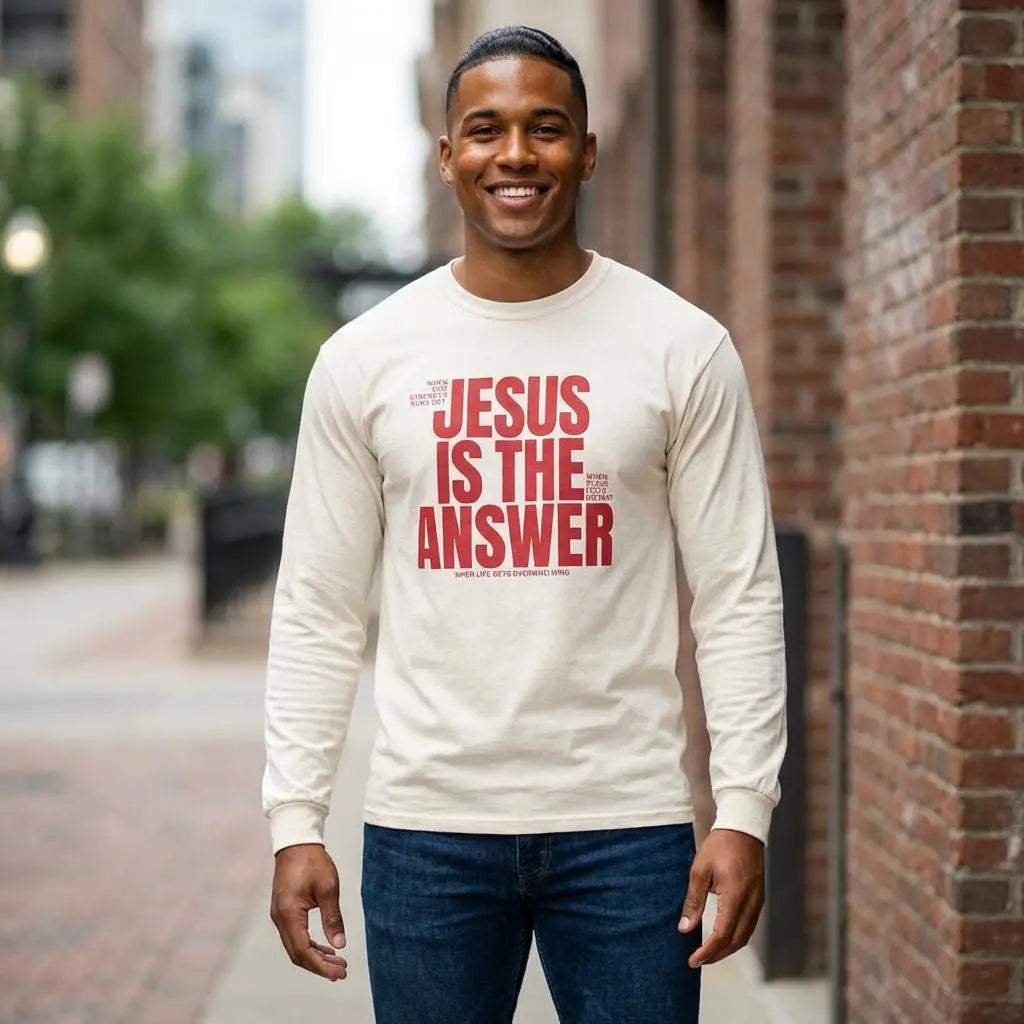 Jesus Is The Answer Crewneck | Christian Long Sleeve Tee | Trendy Faith Apparel | Gift for Christian Men