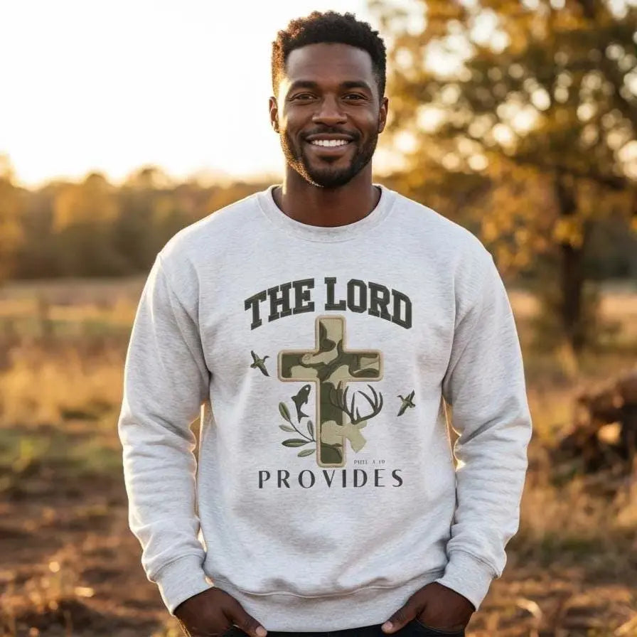 The Lord Provides Faux Patchwork Sweatshirt - Trendy Christian Sweatshirt - Mens Christian Apparel - Gift for Christian Husband