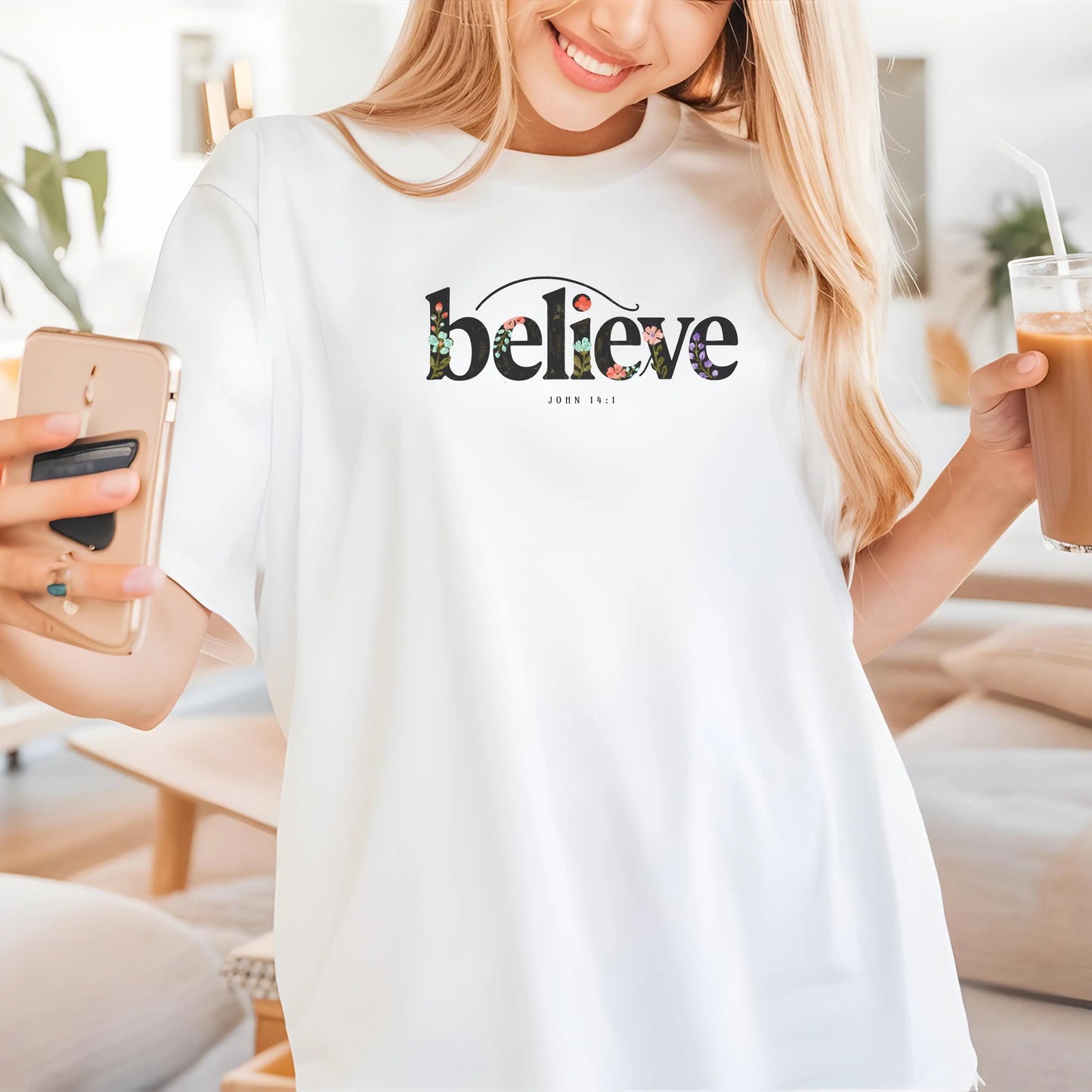 Believe Floral Christian Shirt, John 14:1 Bible Verse Tee, Cute Faith T-Shirt for Women, Minimal Christian Apparel, Gift Idea