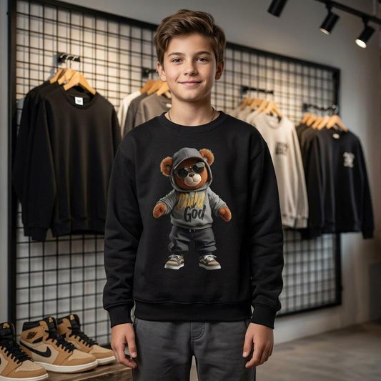 Streetwear Teddy Bear Youth Crewneck Sweatshirt | Hip Hop Bear Graphic