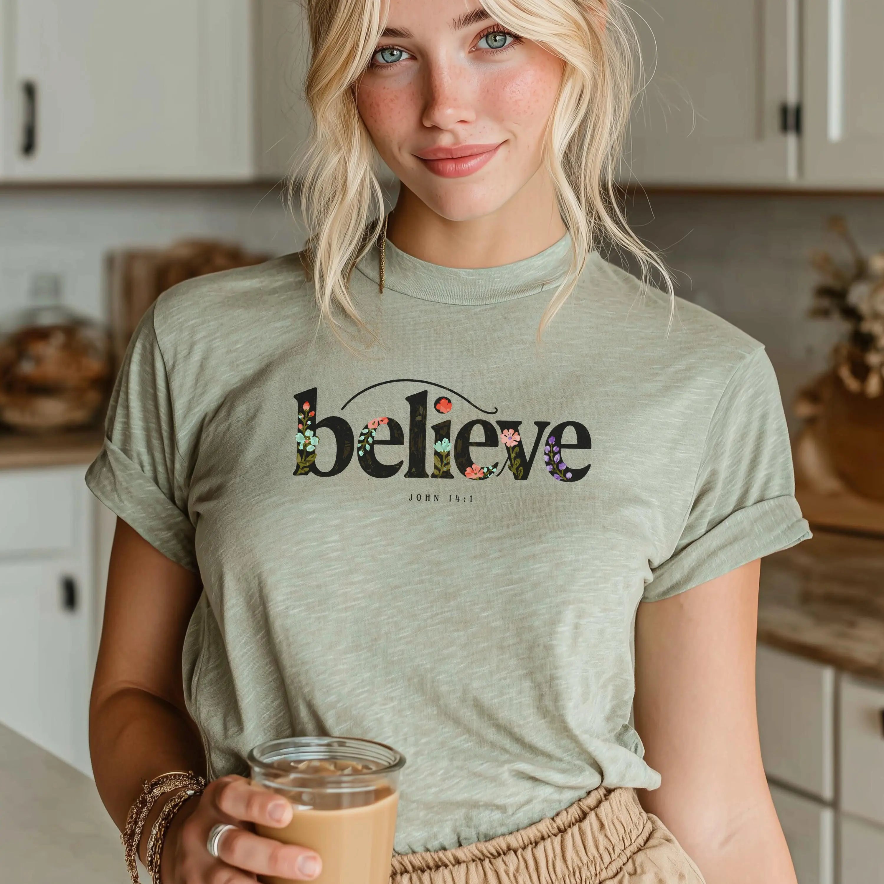 Believe Floral Christian Shirt, John 14:1 Bible Verse Tee, Cute Faith T-Shirt for Women, Minimal Christian Apparel, Gift Idea