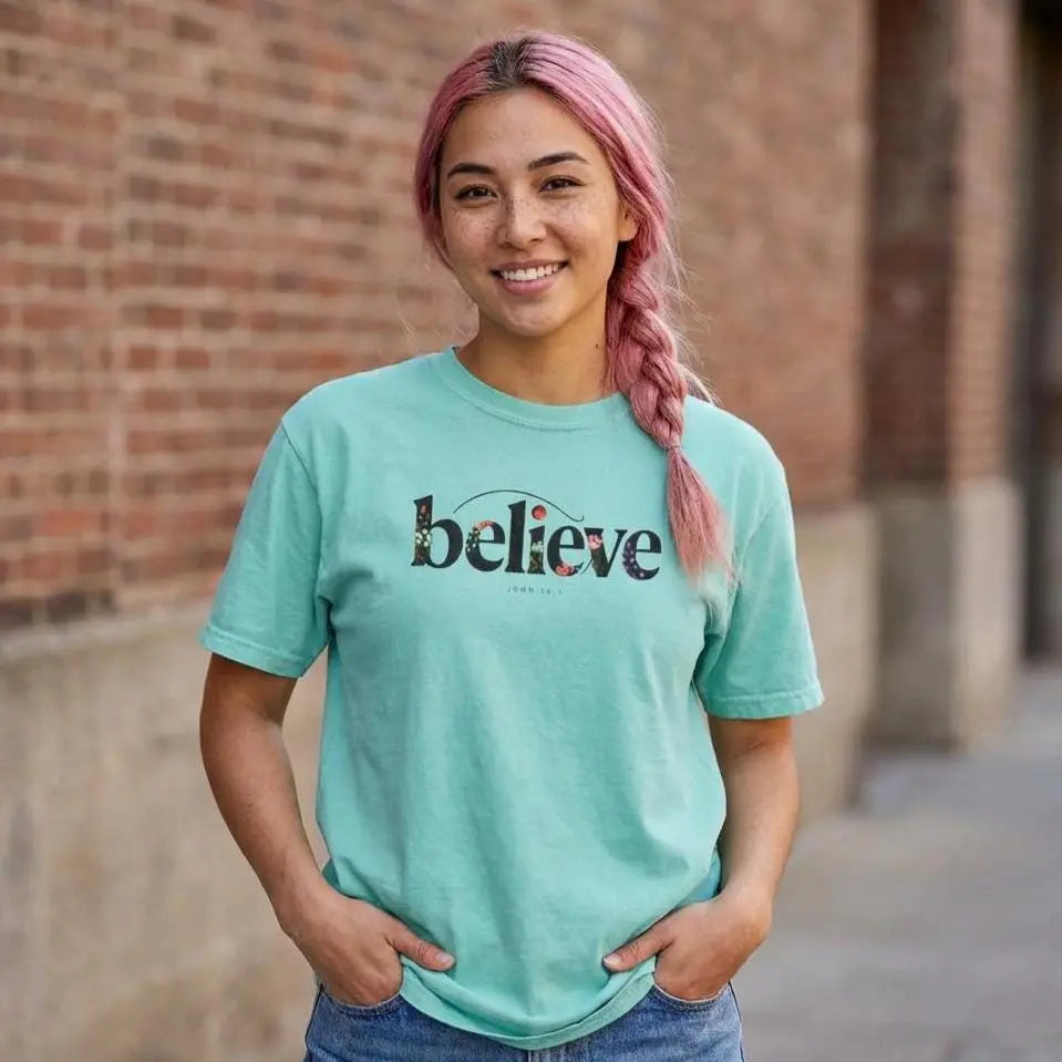 Believe Floral Christian Shirt, John 14:1 Bible Verse Tee, Cute Faith T-Shirt for Women, Minimal Christian Apparel, Gift Idea