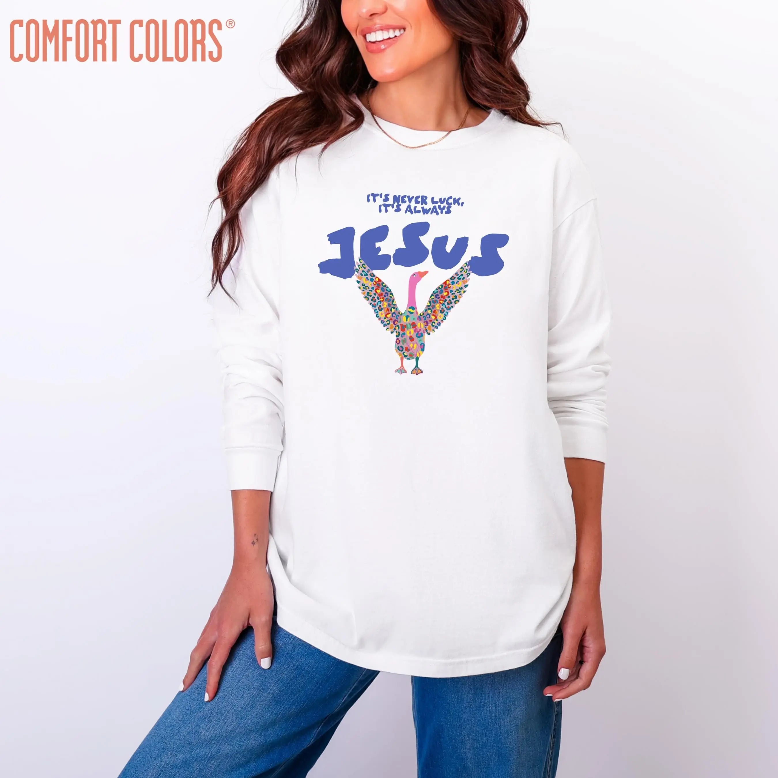 Christian Long Sleeve Shirt “It’s Never Luck, It’s Always Jesus” | Comfort Colors Christian Apparel | Faith-Based Graphic Tee