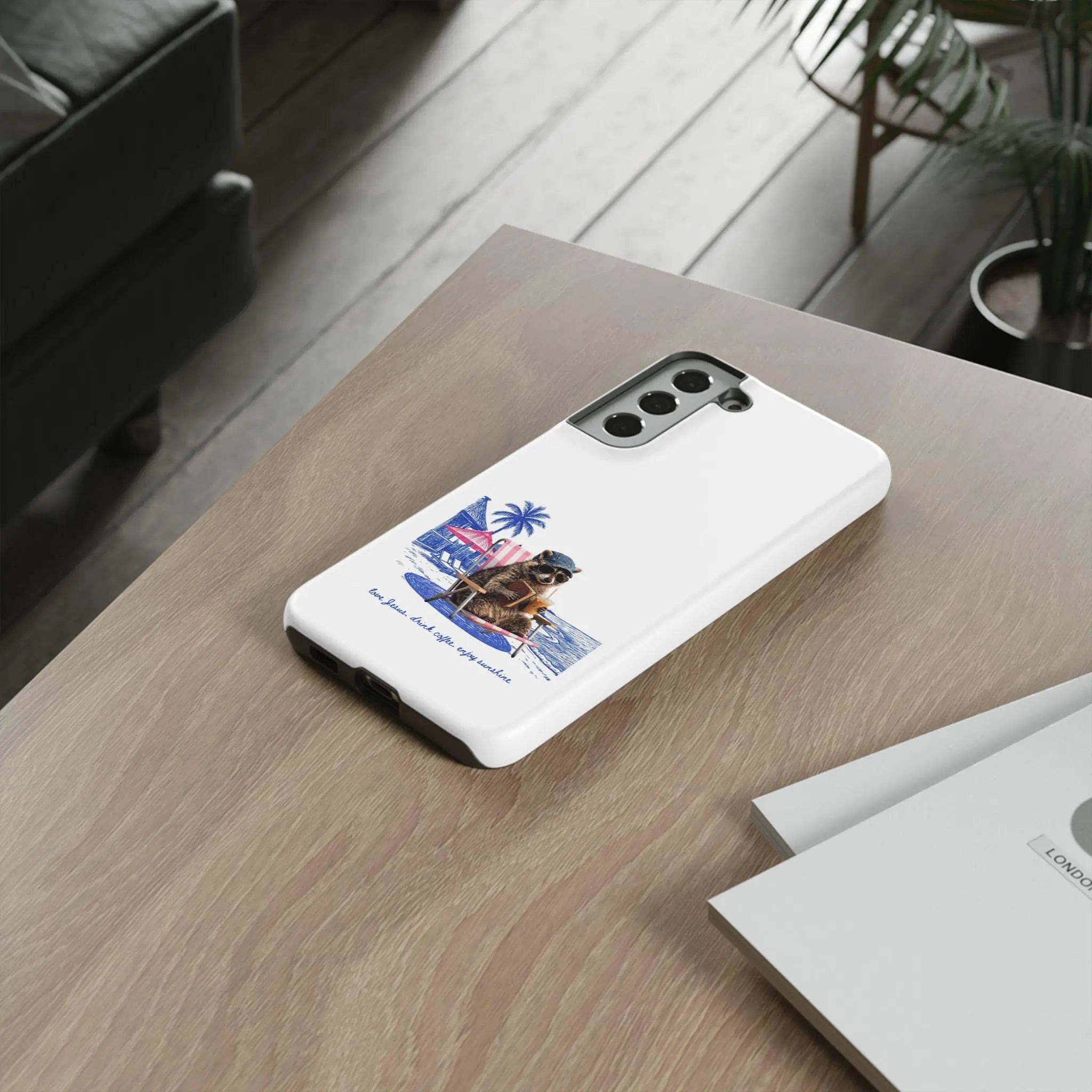 Cute Christian Phone Case, Beach Raccoon Phone Cover, Love Jesus Drink Coffee Enjoy Sunshine, Christian Gift for Women