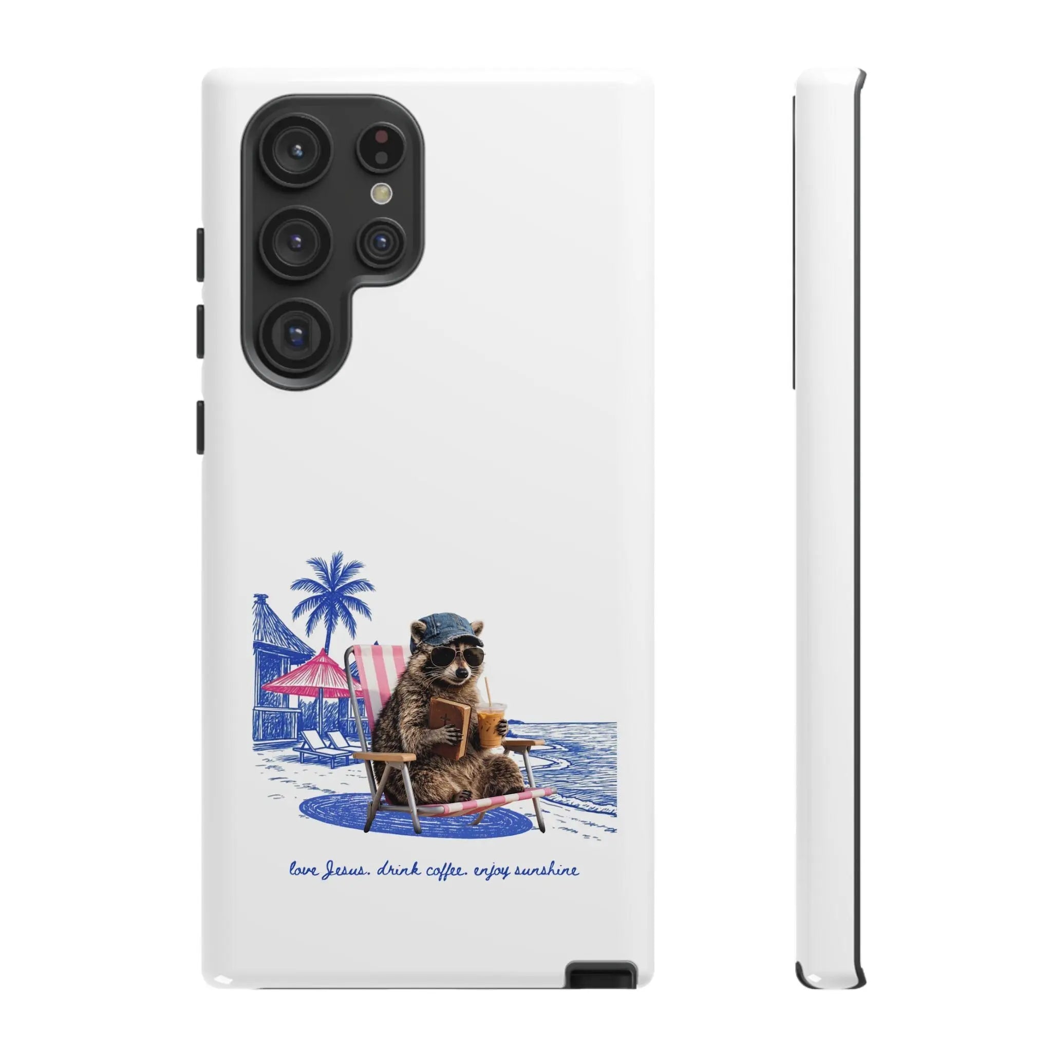 Cute Christian Phone Case, Beach Raccoon Phone Cover, Love Jesus Drink Coffee Enjoy Sunshine, Christian Gift for Women