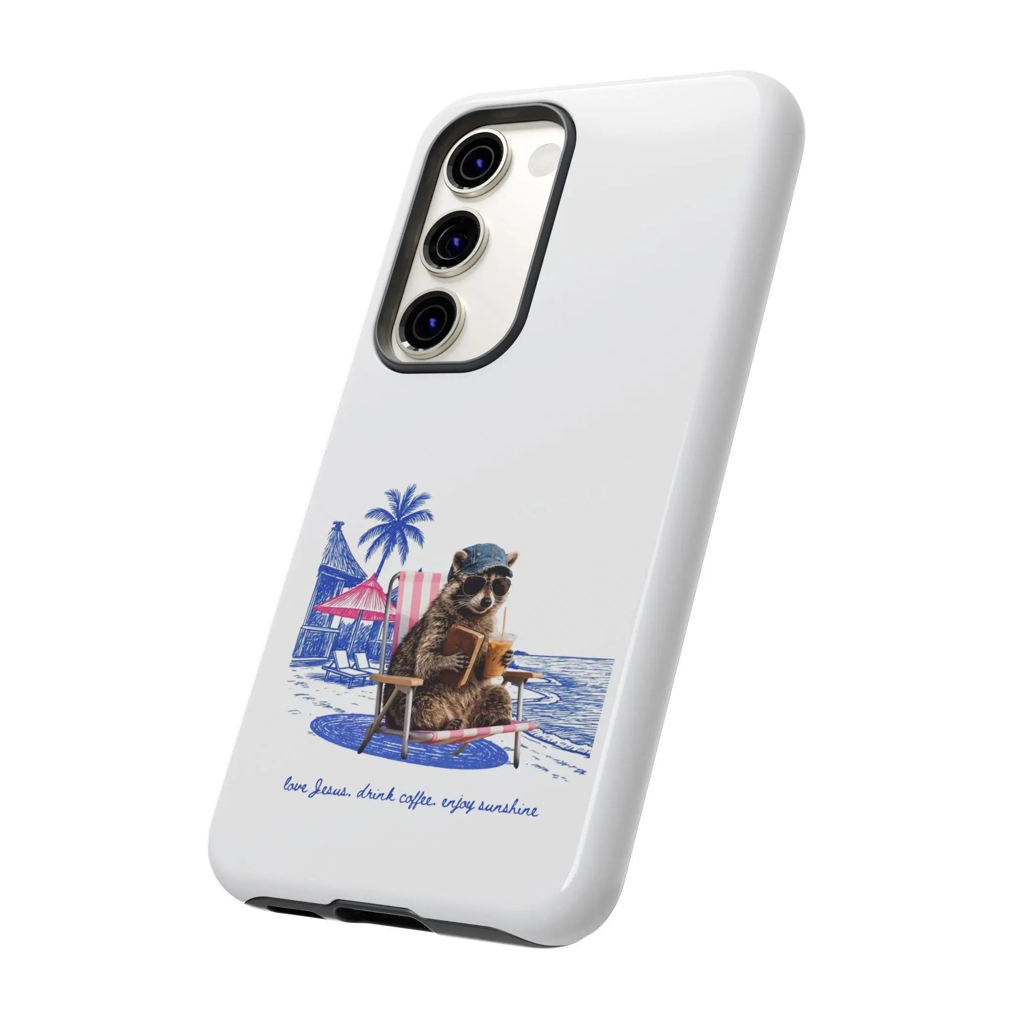 Cute Christian Phone Case, Beach Raccoon Phone Cover, Love Jesus Drink Coffee Enjoy Sunshine, Christian Gift for Women