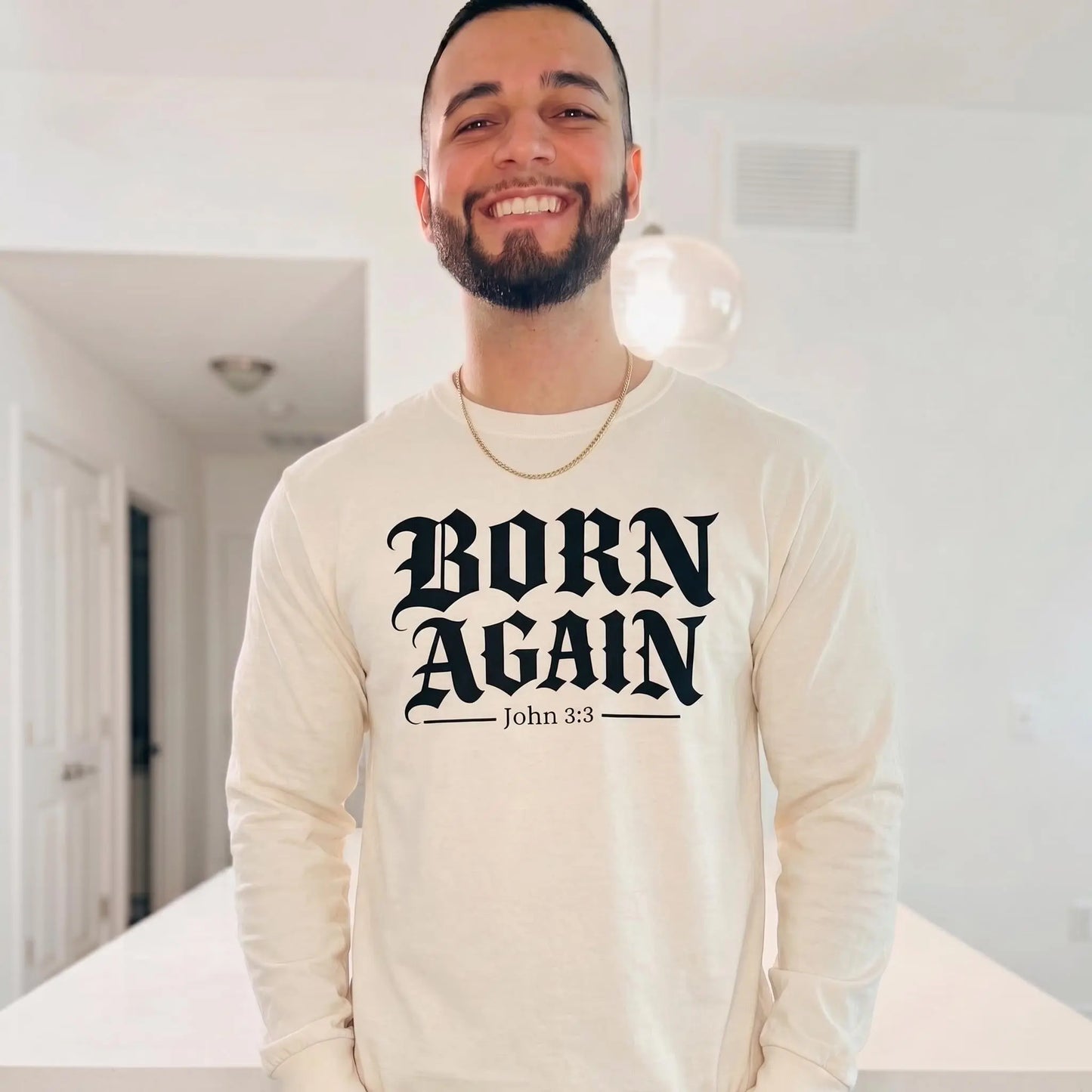 Christian Streetwear Long Sleeve Shirt | Born Again Comfort Colors Mens Bible Verse Tee | Faith Based Clothing Religious Gift for Him