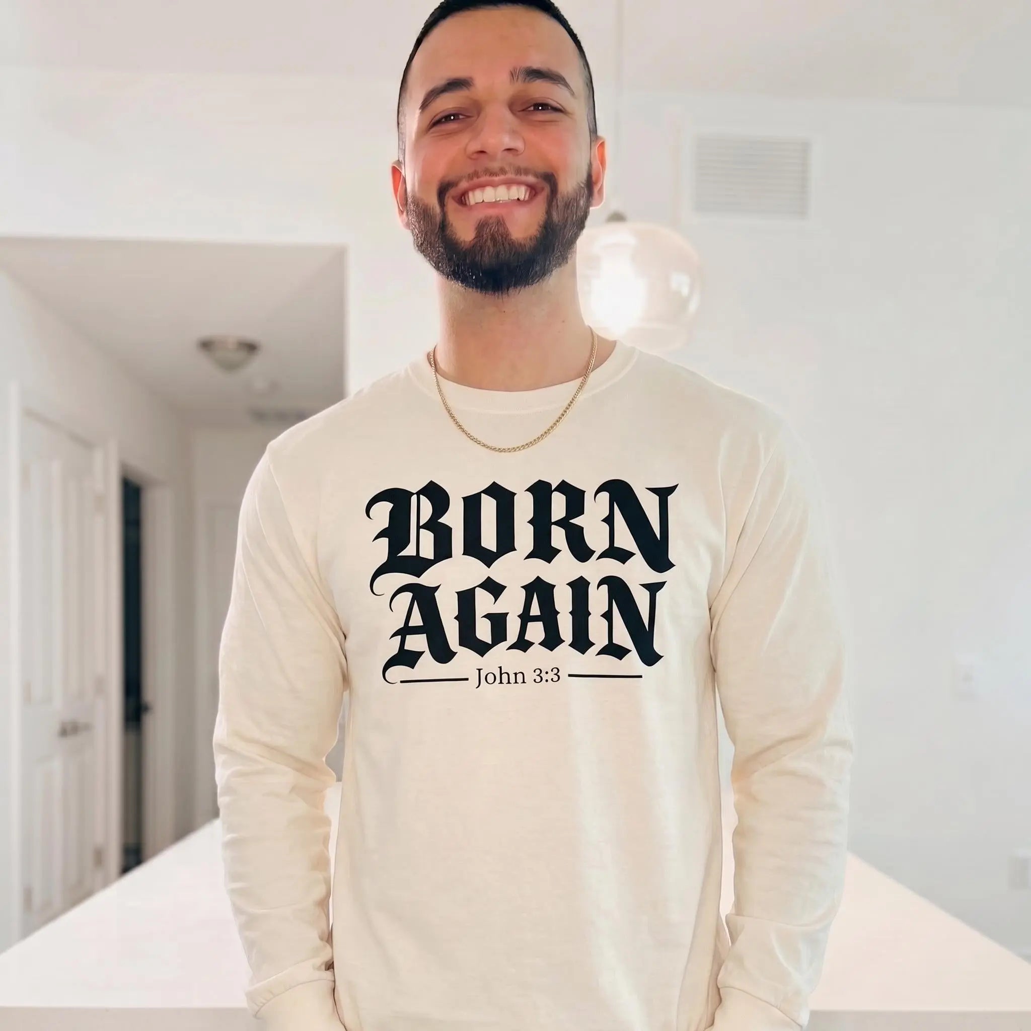 Christian Streetwear Long Sleeve Shirt | Born Again Comfort Colors Mens Bible Verse Tee | Faith Based Clothing Religious Gift for Him
