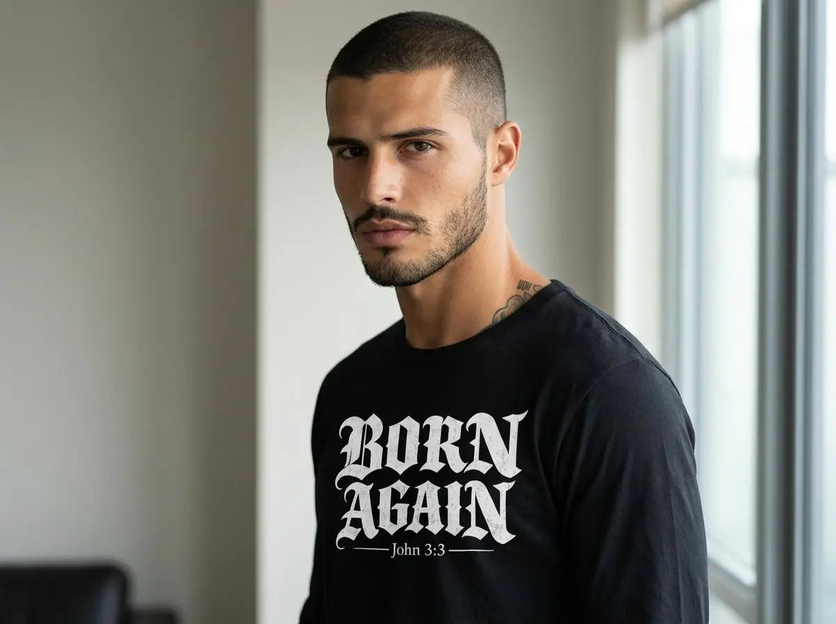 Christian Streetwear Long Sleeve Shirt | Born Again Comfort Colors Mens Bible Verse Tee | Faith Based Clothing Religious Gift for Him