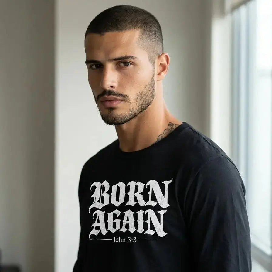 Christian Streetwear Long Sleeve Shirt | Born Again Comfort Colors Mens Bible Verse Tee | Faith Based Clothing Religious Gift for Him