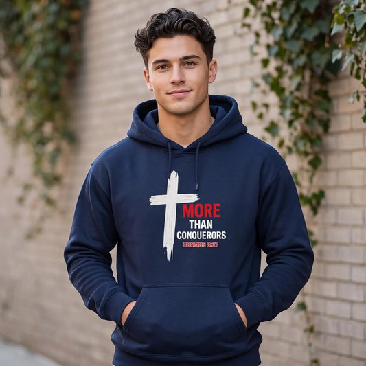 More Than Conquerors Hoodie, Mens Faith Hoodie, Mens Faith Apparel, Faith Based Sweatshirt, Christian Mens Hoodie, Youth Pastor Gift