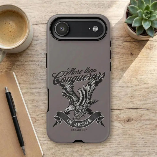 More Than Conquerors Bible Verse Phone Case, Christian iPhone 17 Tough Cover, Minimalist Scripture Gift, Christian Bible Verse Phone Case
