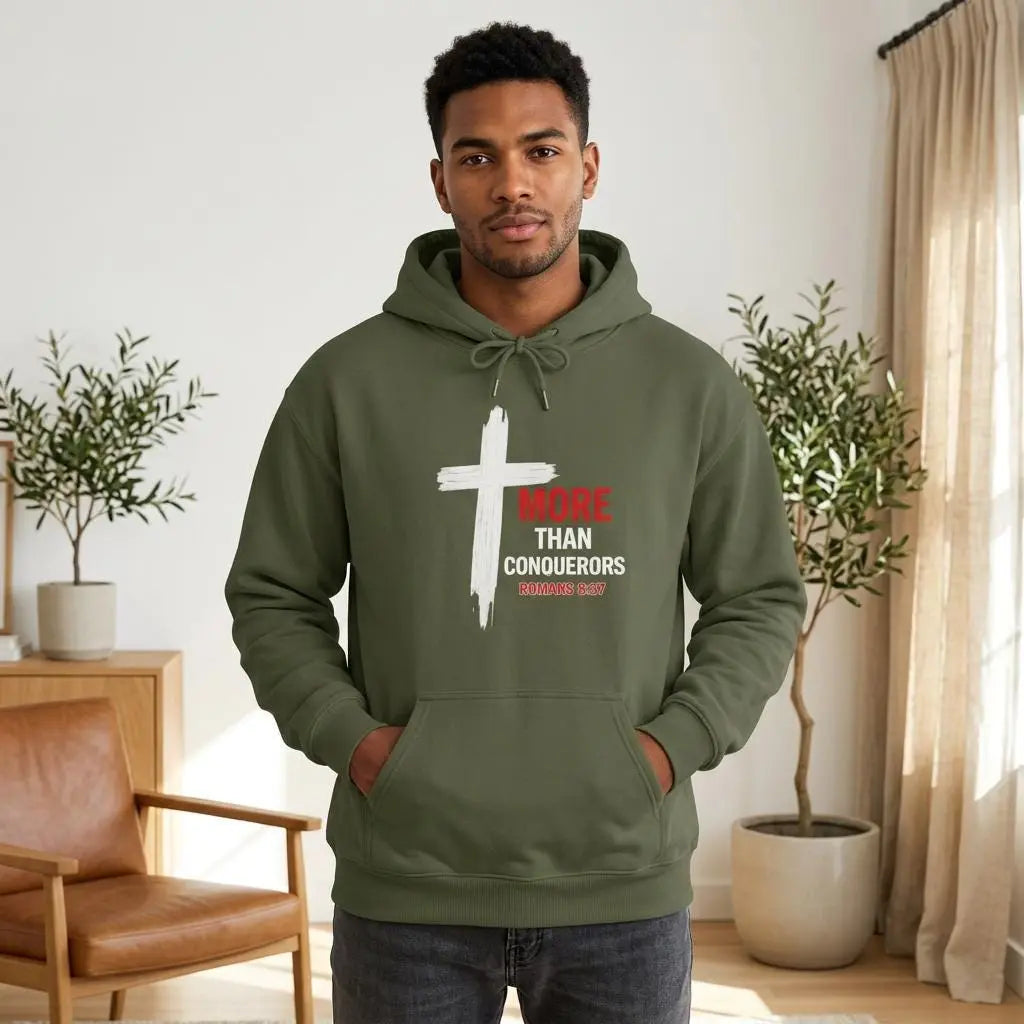 More Than Conquerors Hoodie, Mens Faith Hoodie, Mens Faith Apparel, Faith Based Sweatshirt, Christian Mens Hoodie, Youth Pastor Gift